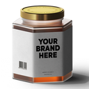 Hexagonal honey jar mockup with a blank Your Brand Here label, used for Active Forest Blend bulk and private label supply