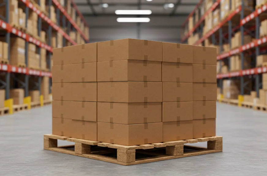 A large cardboard box sitting on a pallet in a warehouse.