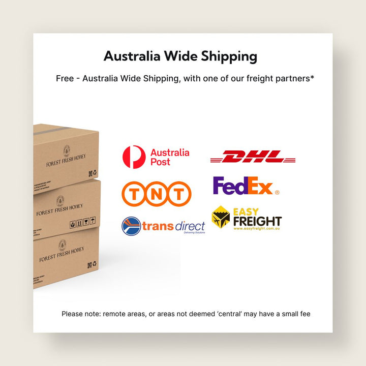 Australia wide shipping card showing stacked Forest Fresh Honey cartons and the freight partners Honey X ships with