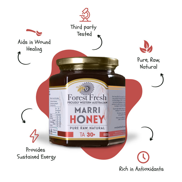Forest Fresh Marri Honey TA30+ 500g jar with product benefit callouts