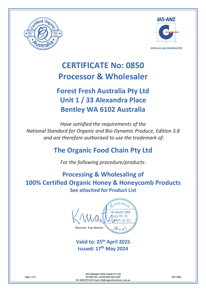 A certificate for a food product.