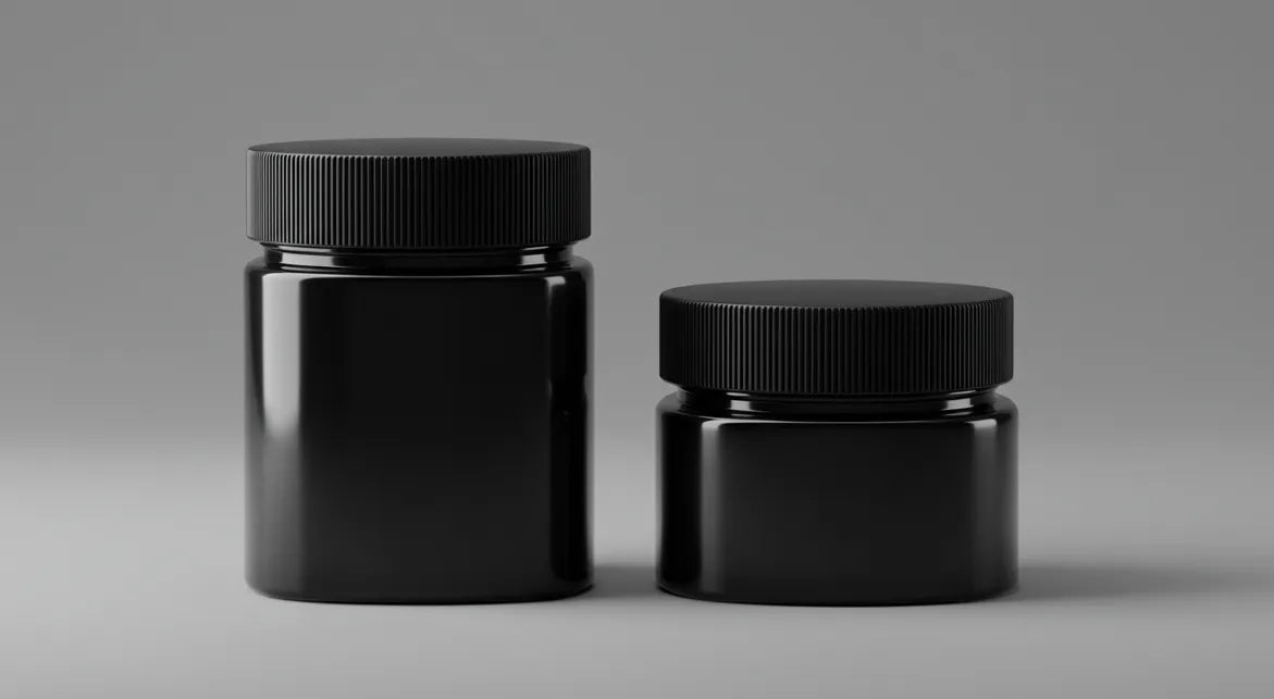 A black bottle with a black lid on a gray background.