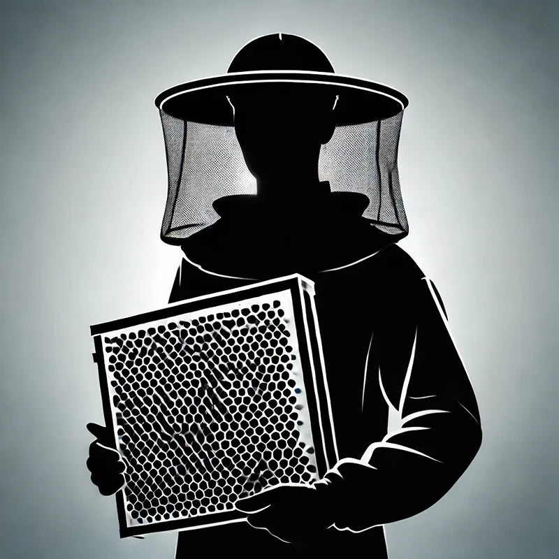A man in a bee suit holding a beehive.
