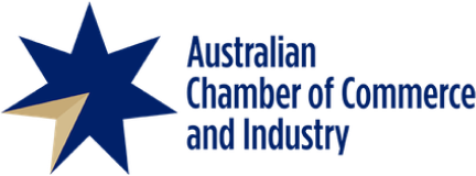 A blue and white logo with a star on it.