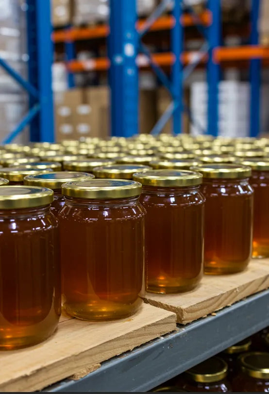 A row of jars filled with honey sitting on a pallet.