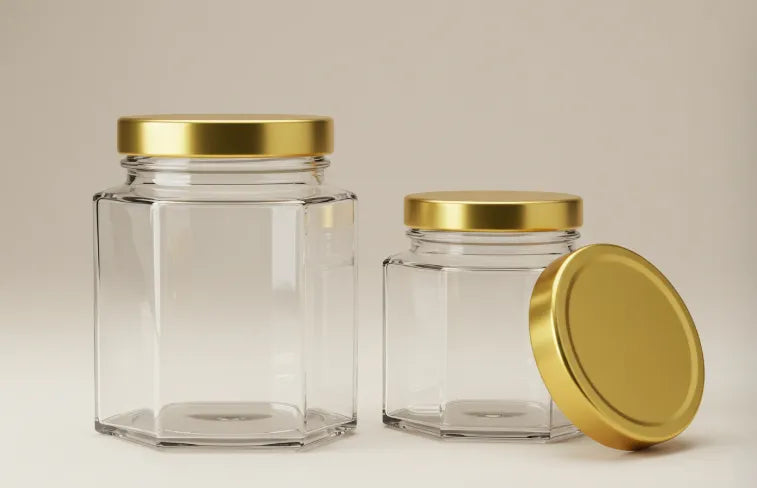 A set of three glass jars with gold lids.